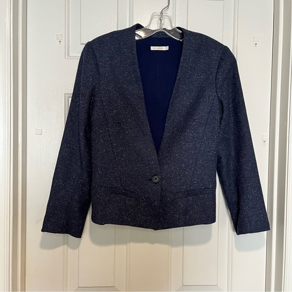 Lily Ashwell Navy Blue Cropped Blazer Jacket 100% Wool Small G2 - Picture 5 of 8